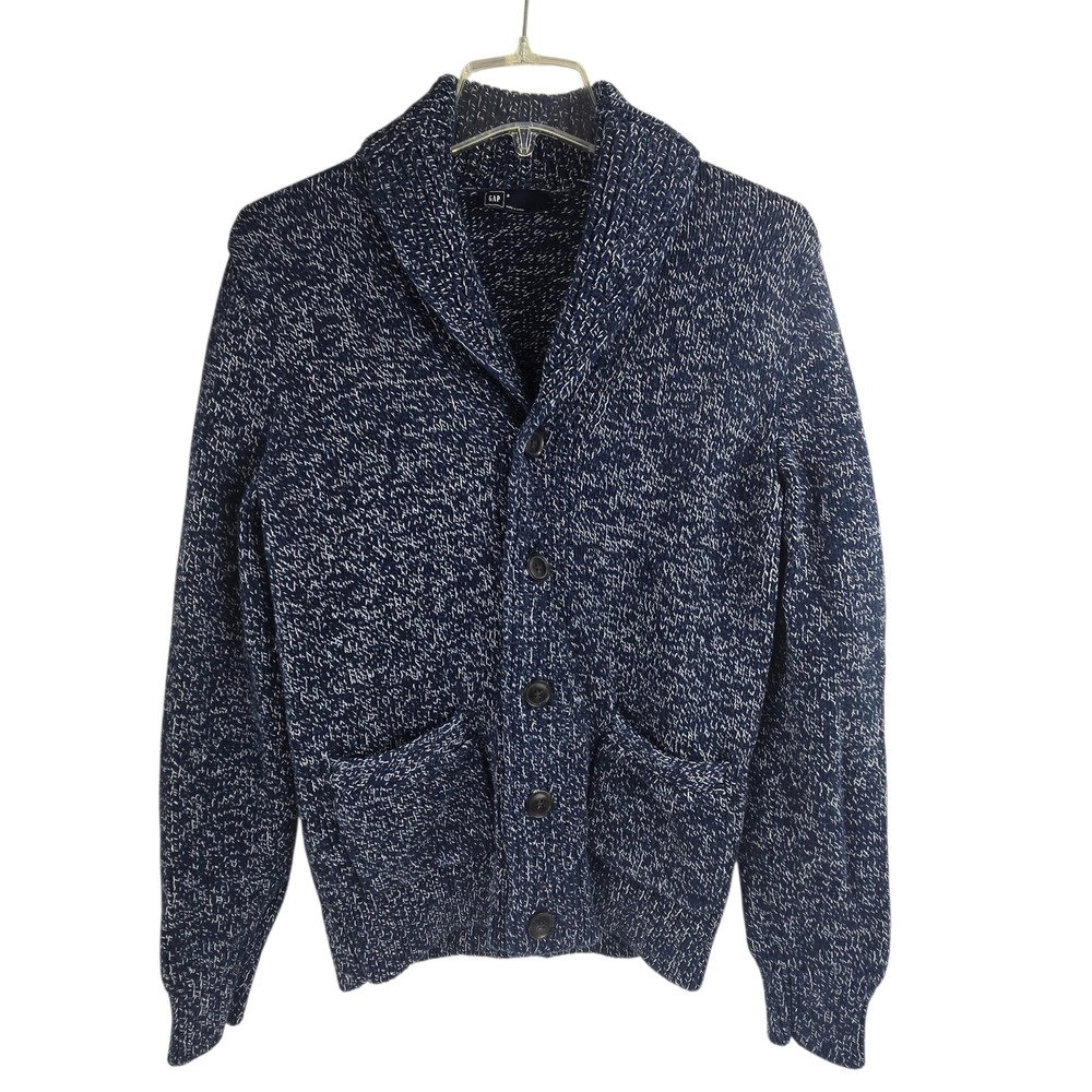 GAP Men's Blue White Marled Knit Shawl Collar Cardigan‎ Sweater Size Small MINT
